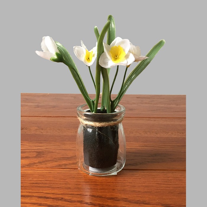 Glass jar with white daffodils